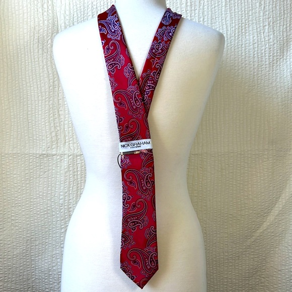 Necktie & Clip Set Nick Graham Handmade Mens Red Blue Paisley Neck Tie - Picture 4 of 11